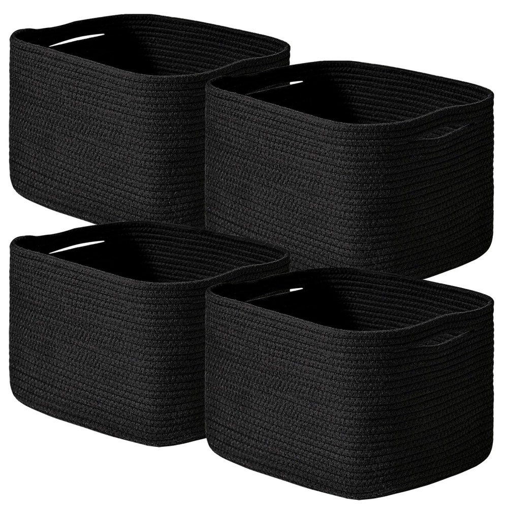 4 PCS Black Woven Cotton Rope Storage Baskets 12.5×9.1×7.9 Inch Shelves Bin