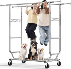 HOKEEPER 75x22x68″ 650LBS Clothes Rack Double Rod Shelves Wheels Collapsible