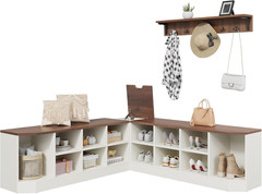 L-Shaped Shoe Rack with Bench & Hooks, Corner Storage for Entryway, White/Walnut