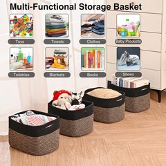 4 PCS Storage Baskets Shelves Woven Cotton Rope 12.5×9.1×7.9 Inch Black Jute
