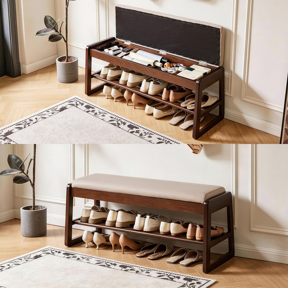 Shoe Storage Bench 39.37″ with Vegan Leather Seat, Lift Top & Shelves, Entryway