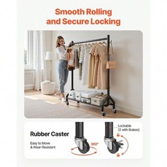 42 In Rolling Clothes Rack 198lb Carbon Steel Hanging Rod Side Hooks Wheels
