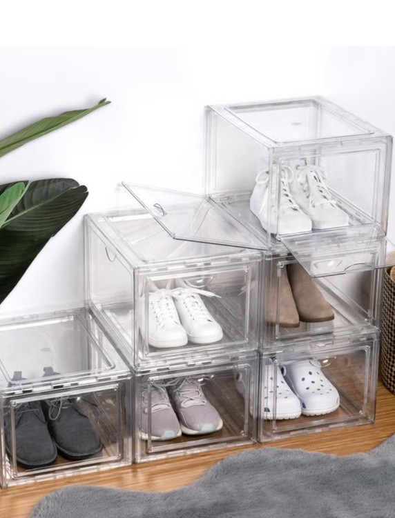 Shoe Box Storage Organizer, Stackable, Clear 4 Pack, New, Damaged Open Box