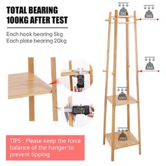 Bamboo Clothes Rail Stand Coat Rack with 2 Ladder Shelves w/Hooks Hallway Sturdy