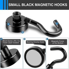 Mini Magnetic Hooks Black 12 Pack Small Magnet Strong 8Lbs for Refrigerator