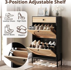 NEW Shoe Cabinet 2 Flip Drawers Slim Entryway Storage Organizer Black Rattan