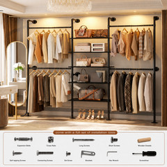6.42FT Industrial Pipe Clothing Rack, Reversible Corner Closet System w/ 5 Shelv
