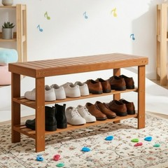 3-Tier Bamboo Shoe Rack Bench – Entryway Mudroom Wooden Storage Shelf Walnut