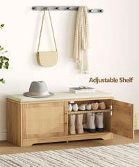 Rattan Shoe Storage Bench with Cushion, 39.4″ Wide Entryway Bench with Adjustabl