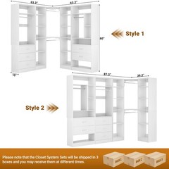 Corner Walk-in Closet Organizer System with 5 Wooden Drawers & Storage Shelves
