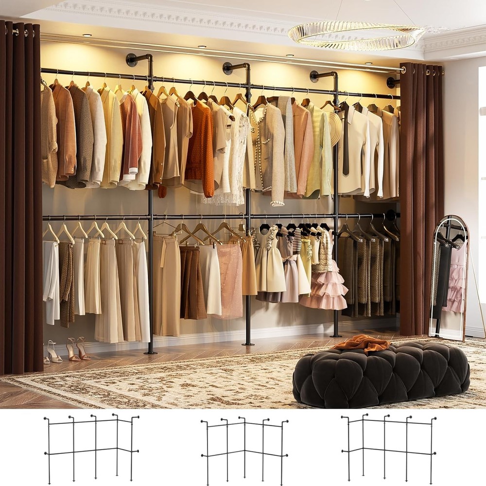 Industrial Pipe Clothing Rack Reversible 13FT Heavy Duty Wall Mount Closet