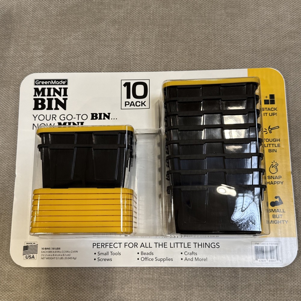 GreenMade Mini Bin Stackable Plastic Storage Bins 10-Pack Black/Yellow