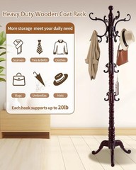 Solid Wood Freestanding Coat Rack Stand 14 Hooks Vintage Heavy Duty Entryway Jac