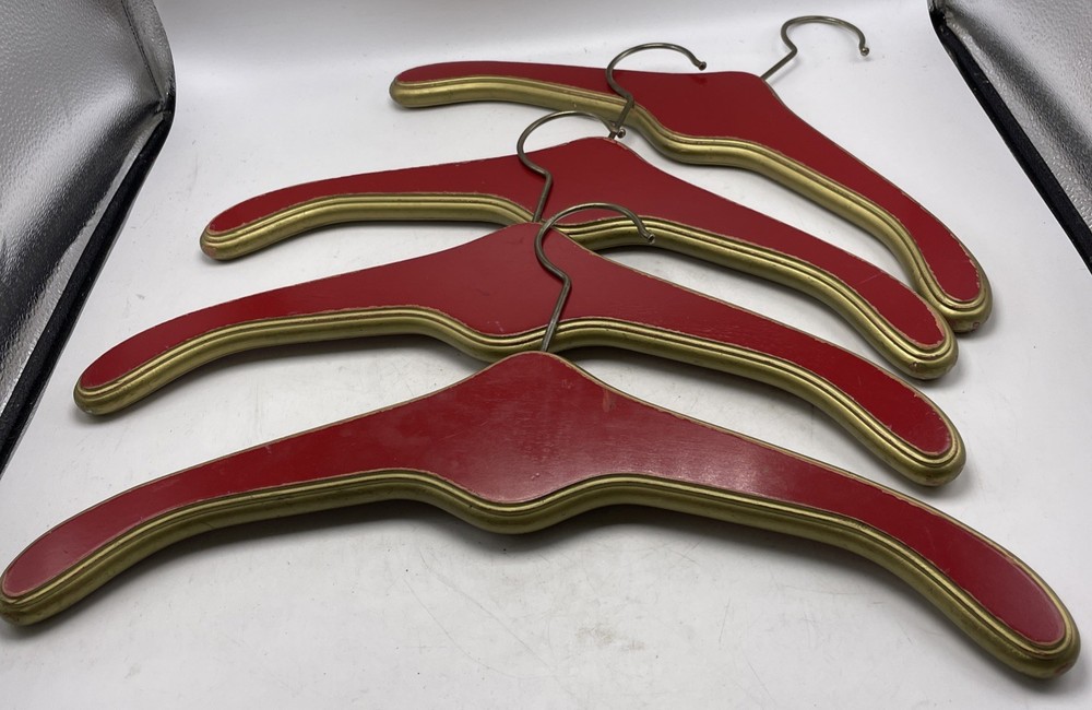 Clothes Hanger Hollywood Regency Red Gold Wood Heavy Set 4 Vintage Closet MCM