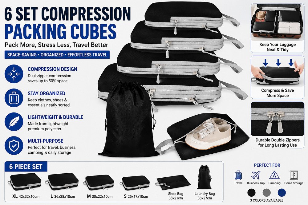 6Pc Compression Packing Cubes Travel Luggage Organizer Bags Suitcase Storage Set