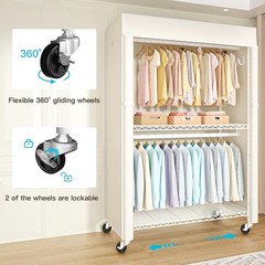 White Clothing Rack with Beige Cover, P1C Plus Rolling Closet with Wheels, Metal