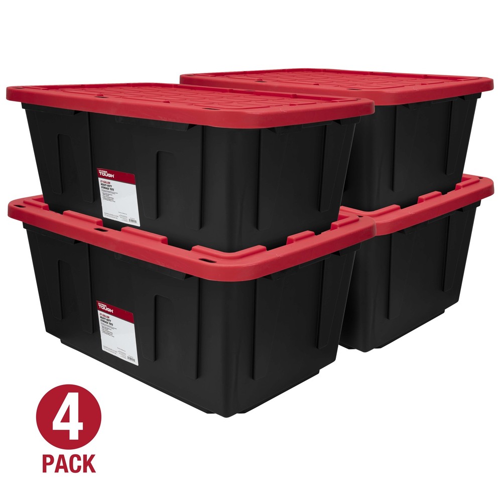 Large Storage Bin with Snap Lid, Black and Red, Heavy Duty Plastic Storage Cont