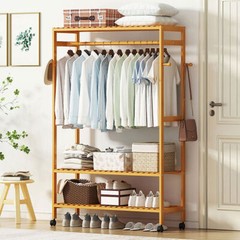 Bamboo Clothes Rail Scarf Cart Hanging Garment Coat Rack w 3 Tier Storage Shelf