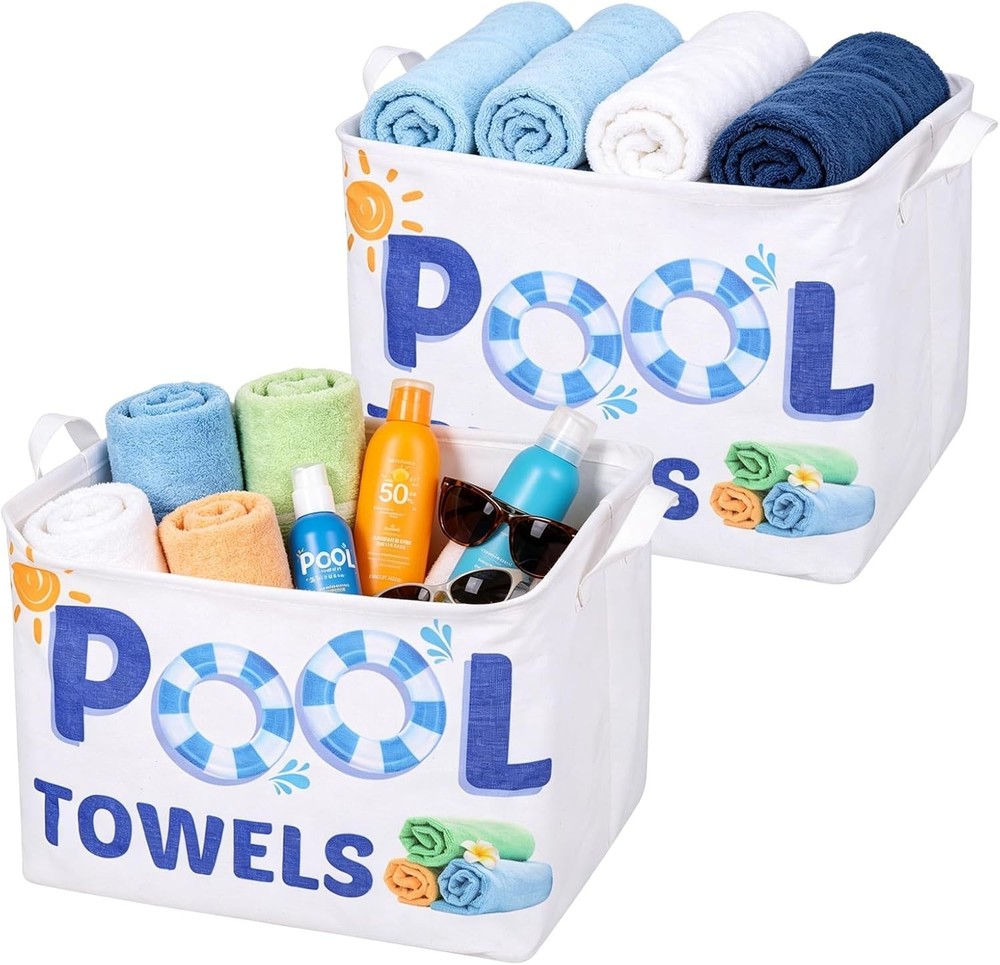 2Pcs Pool Towel Storage Basket Bin and Organizer, Large Sunscreen Storage Basket