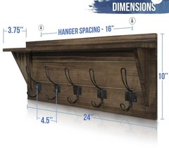 Rustic Brown Solid Wood Wall Mounted Coat Rack with Shelf, 5 H