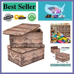 Chic 2-Pack Rustic Wood Grain Storage Box Set with Handles – 16.62″ L x 12.25″ W