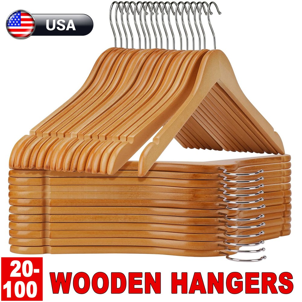 Wooden Hangers Pack of 20 & 60 & 100 Suit Hangers Premium Natural Finish Home US