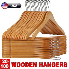 Wooden Hangers Pack of 20 & 60 & 100 Suit Hangers Premium Natural Finish Home US