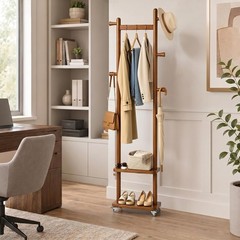 Freestanding Solid Wood Coat Rack with Wheels, 5 Hooks & 2 Shelves – Heavy Duty