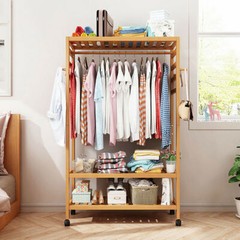 Bamboo Clothes Rail Scarf Cart Hanging Garment Coat Rack w 3 Tier Storage Shelf