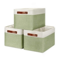 3 Pack Medium Fabric Storage Bins 15x11x9.5 Inch Foldable White Green