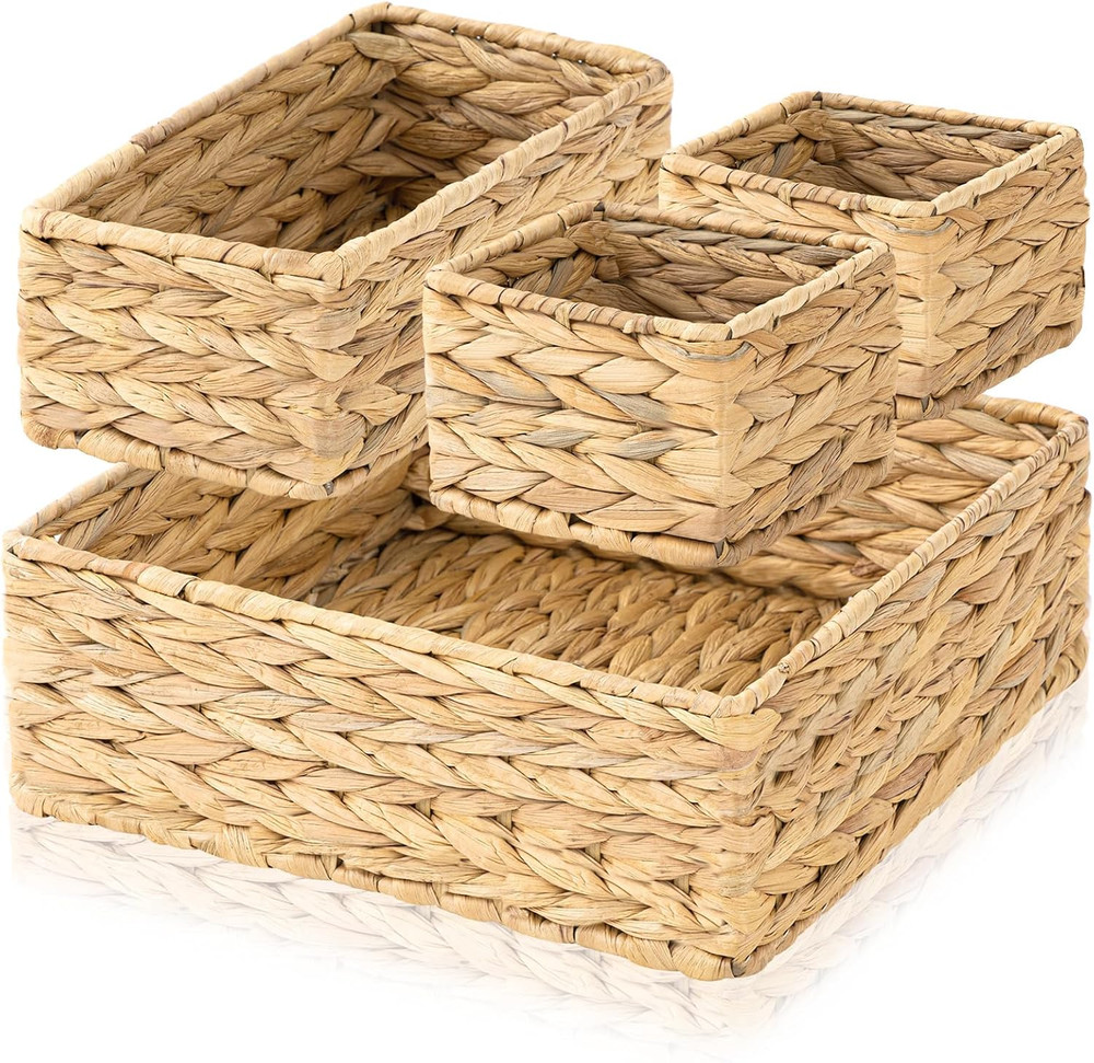 Set of 4 Natural Woven Wicker Storage Baskets for Organizing Drawers & Closets