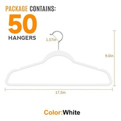 50 Pack Slim Plastic Hangers 17.7 Inch Non Slip Heavy Duty White