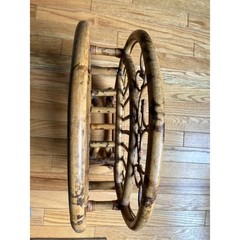 Vintage MCM Rattan Magazine Rack Burnt Bamboo Boho Circle Record Holder 16.5in