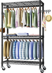 Heavy Duty Clothes Rack Rolling Garment Rack,3 Tier Adjustable Wire Shelving