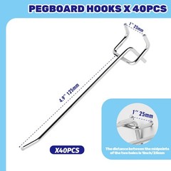 40 PCS 6 Inch/150mm Stainless Steel Pegboard Display Hooks Fits 1/8 & 1/4 In