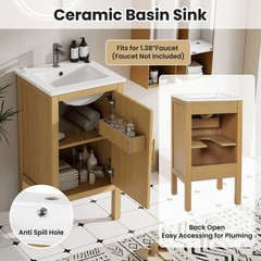 18 Inch Natural Wood Bathroom Vanity Cabinet with Ceramic Sink Adjustable Shelf