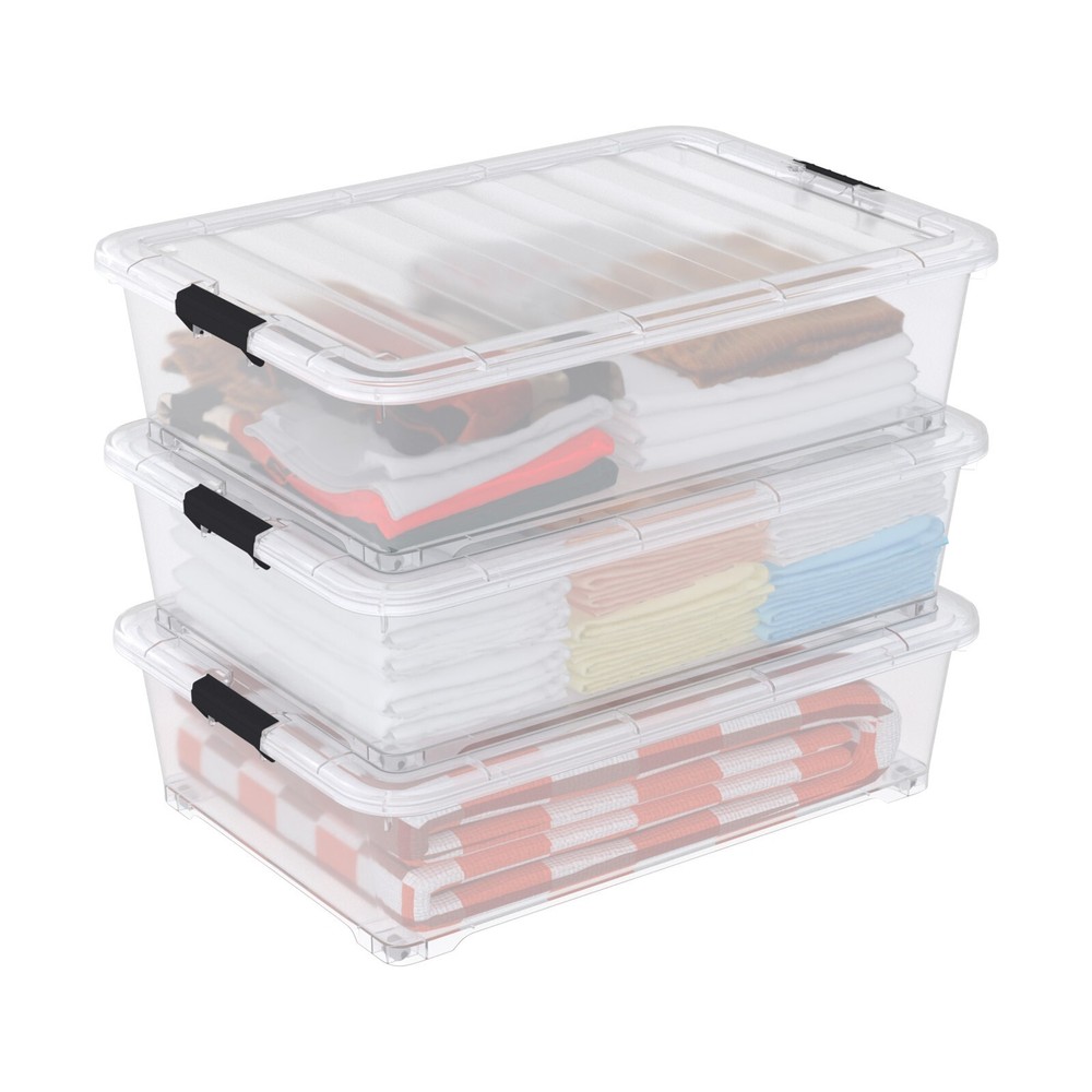 Idotry 50 Quart Under Bed Storage Box, Stackable Bin with Lid & Wheels, 3-Packs