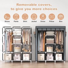 Portable Closet Wardrobe with Shelves and Cover for Clothes Storage Grey