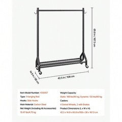 42 In Rolling Clothes Rack 198lb Carbon Steel Hanging Rod Side Hooks Wheels