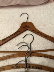 Ten Vintage Wooden Advertising Clothes Hangers, Metal Hooks, Traditional 16in