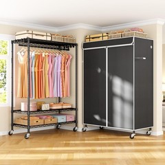 Rolling Clothes Rack with Cover on Wheels Portable Closet for Hanging Clothes