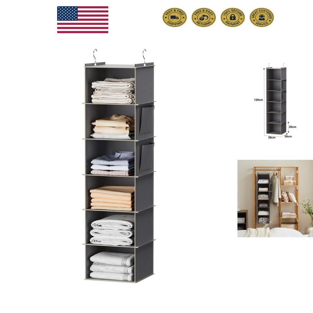 Contemporary Grey Hanging Closet Organizer with 6 Shelves & Portable Design