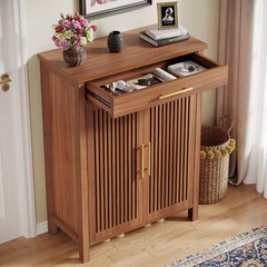 43 In. H X 32 In. W Brown Wood Shoe Storage Cabinet with Adjustable Shelves and