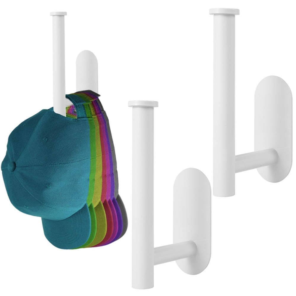PEUTIER 2pcs Stainless Steel Hat Racks for Baseball Caps, No Drill Hooks, White