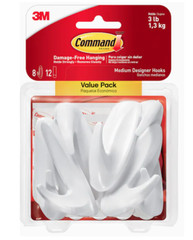 3 Pks 3M Command 8 Medium Designer Hooks & 12 Adhesive Strips Per Pack Max 3 lb
