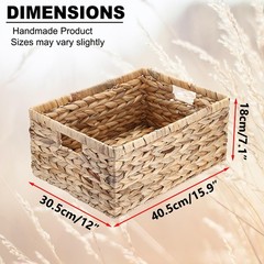 Natural Water Hyacinth Rectangular Storage Basket Organizer 15.9x12x7.1 Inch