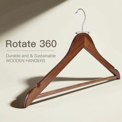 Wooden Hangers 10 Pack: Solid Shirt Hangers with Pants Bar, Heavy Duty & Slim…