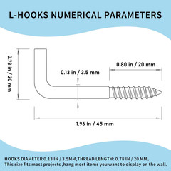 304 Stainless Steel 2 in Screw-In Hooks 20 Pcs,7 Shape Screw Hooks,Right Angle M