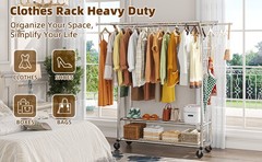 Heavy Duty Clothing Clothes Rack for Hanging, Rolling Double Rod Garment Rack