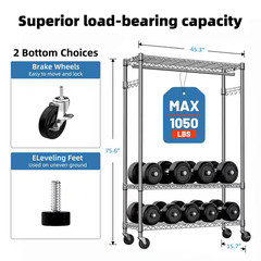 Chrome Carbon Steel Rolling Clothes Rack 3-Tier Garment Rack on Wheels W/ Rod Me